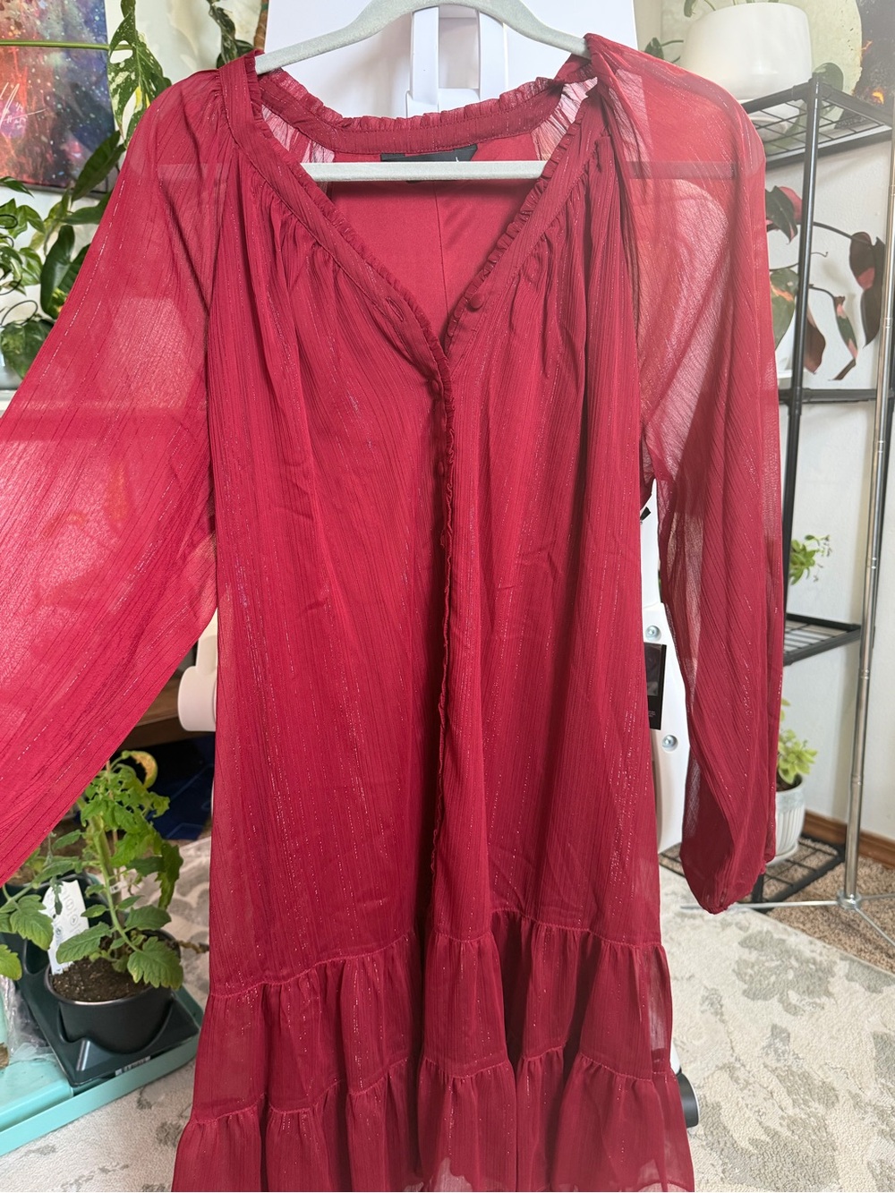 Vera Wang Burgundy Sheer Tiered Long Sleeve Dress